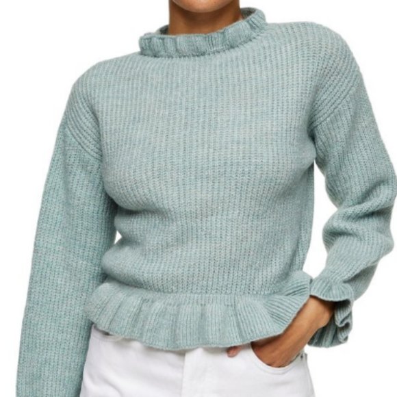 Mint Green Ruffle Cropped Topshop Sweater - Picture 1 of 5